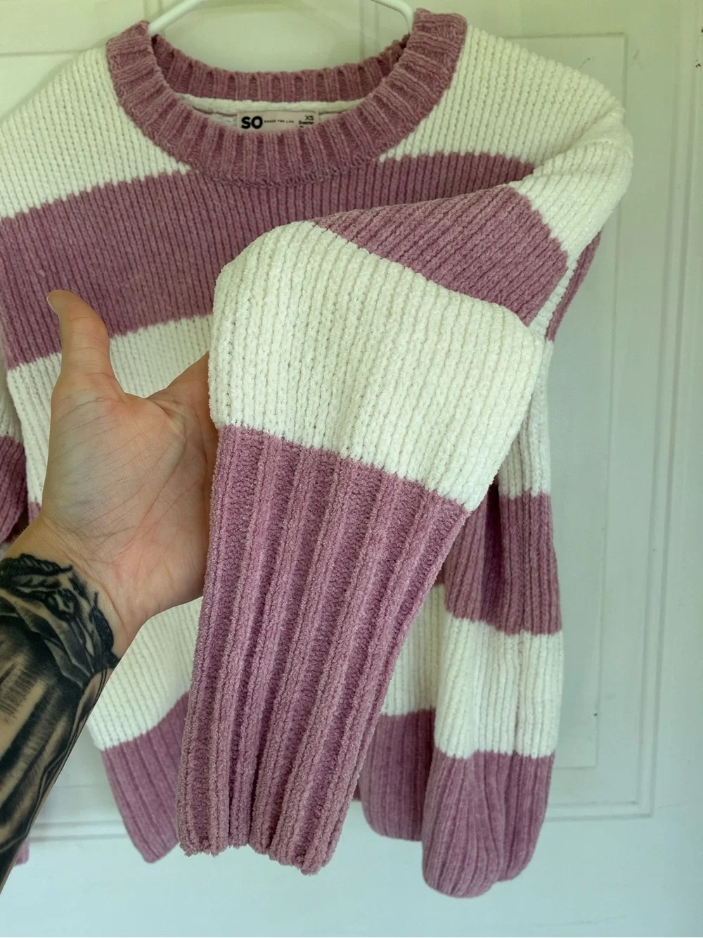 SO Juniors Purple White Striped Pullover Knit Sweater Size XSmall